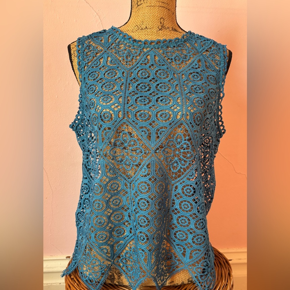 Deletta Teal Crochet Sleeveless Top